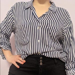 EUC Navy Blue and White Flowy Button-Down Blouse